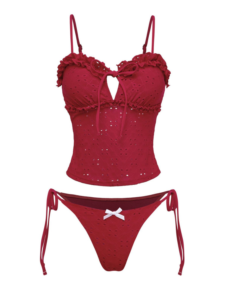 Red 1960s Embroidered Cutout Ruffled Side-Tie Tankini Set - vintage fashion, retro style, elegant red