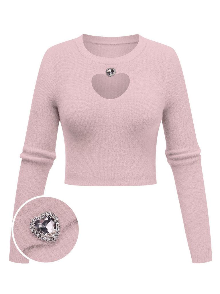 1960s Rhinestones Heart Cutout Knitted Solid Sweater — 1960s vintage charm for her modern wardrobe