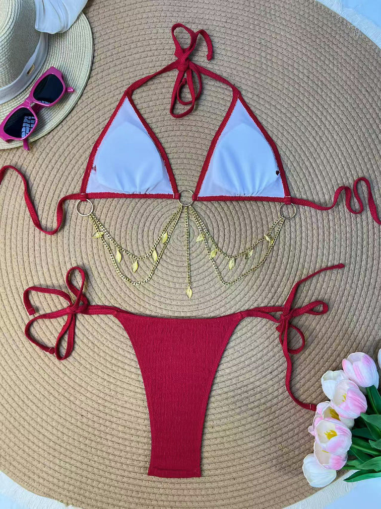 1960s Ribbed Gold Chain Triangle Bikini Set, vintage swimsuit, pin-up swimwear, retro beach style, women, elegant