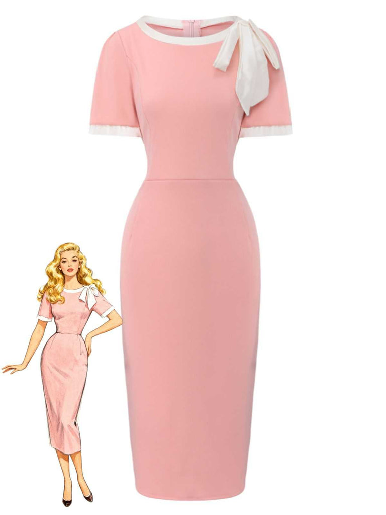 1960s Round Neck Colorblock Bow Bodycon Dress - vintage dress, retro fashion