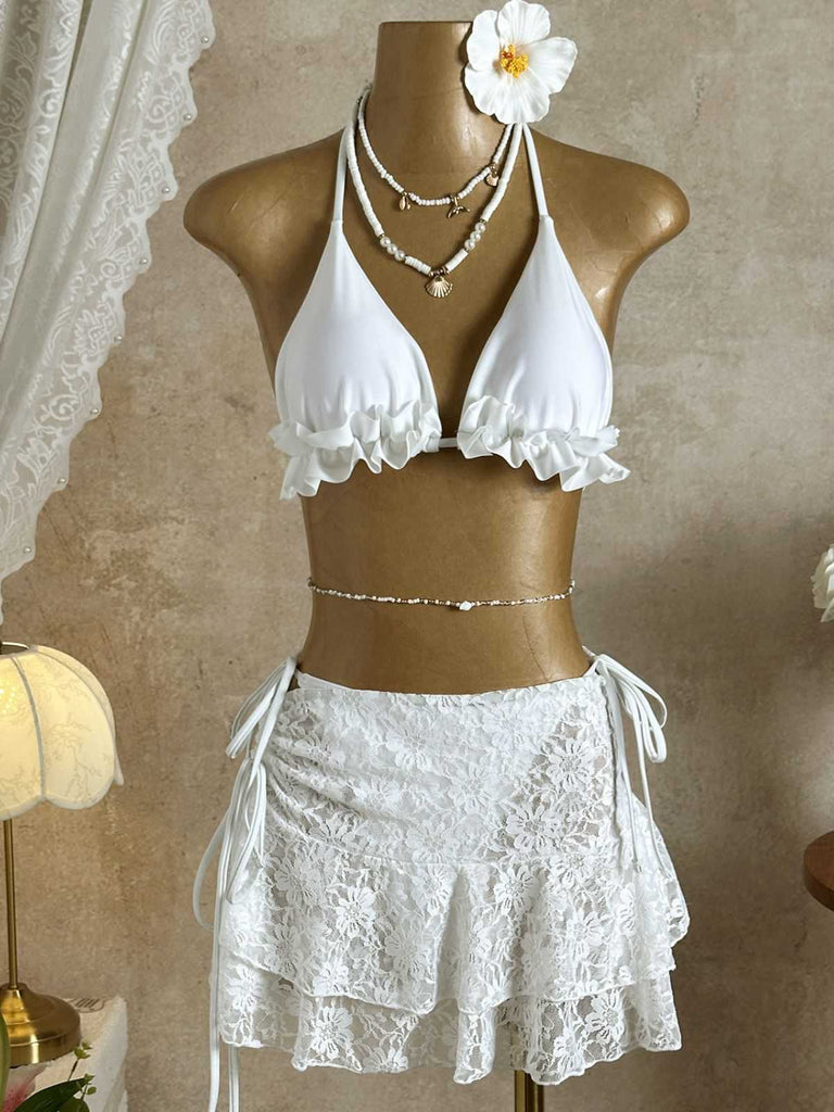 1960s Ruffled Halter Bikini Set & Floral Lace Cover-Up: beautiful vintage swimwear, retro swimsuit, pin-up style with timeless appeal