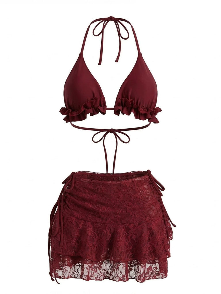 1960s Ruffled Halter Bikini Set & Floral Lace Cover-Up: beautiful vintage swimwear, retro swimsuit, pin-up style with timeless appeal
