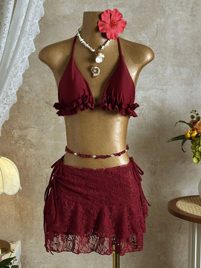 1960s Ruffled Halter Bikini Set & Floral Lace Cover-Up | vintage swimwear, retro swimsuit, pin-up style - perfect for retro fashion enthusiasts