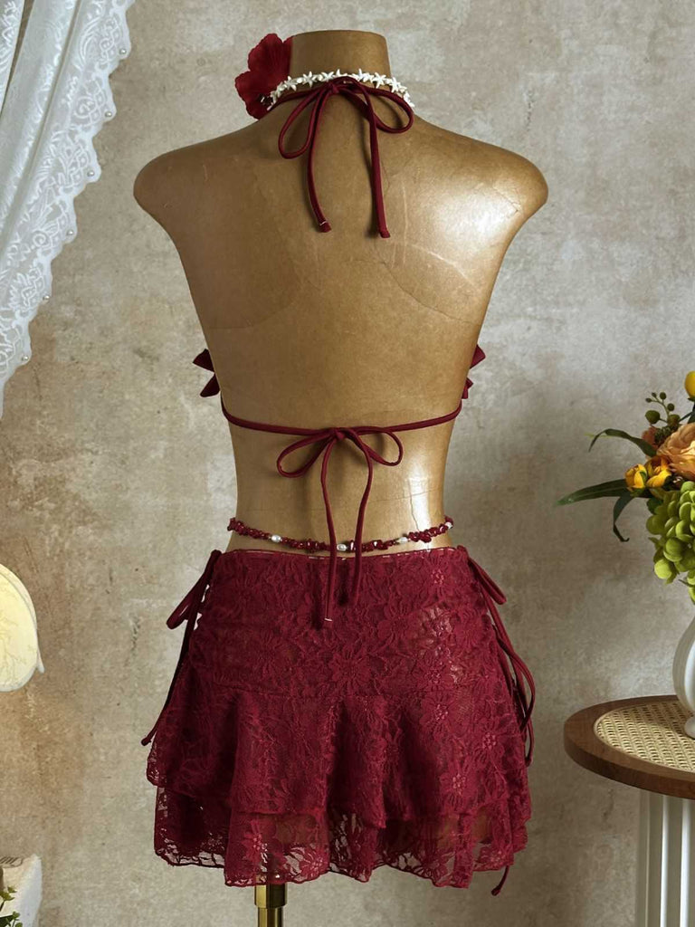 1960s Ruffled Halter Bikini Set & Floral Lace Cover-Up - vintage swimwear, retro swimsuit, pin-up style for vintage lovers
