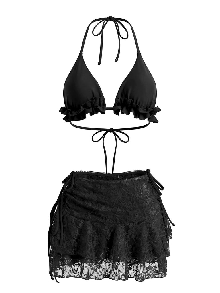 1960s Ruffled Halter Bikini Set & Floral Lace Cover-Up | vintage swimwear, retro swimsuit, pin-up style - perfect for retro fashion enthusiasts