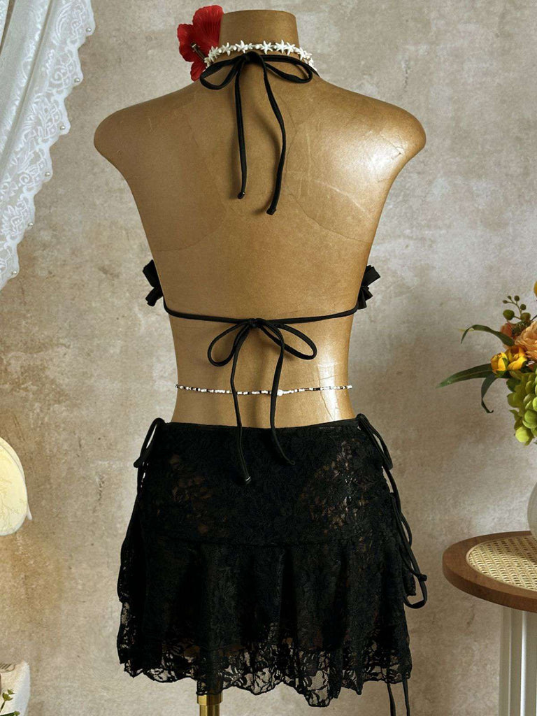 1960s Ruffled Halter Bikini Set & Floral Lace Cover-Up - vintage swimwear, retro swimsuit, pin-up style for vintage lovers