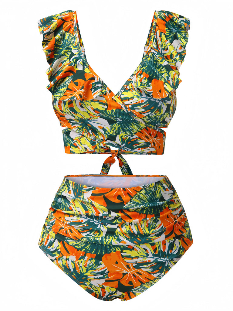 1960s Ruffles Strap Tropical Plants Wrap Bikini Set - vintage fashion, retro style