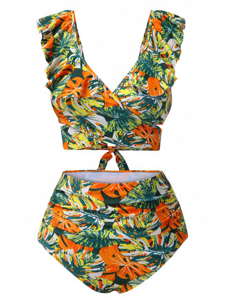 1960s Ruffles Strap Tropical Plants Wrap Bikini Set - vintage fashion, retro style