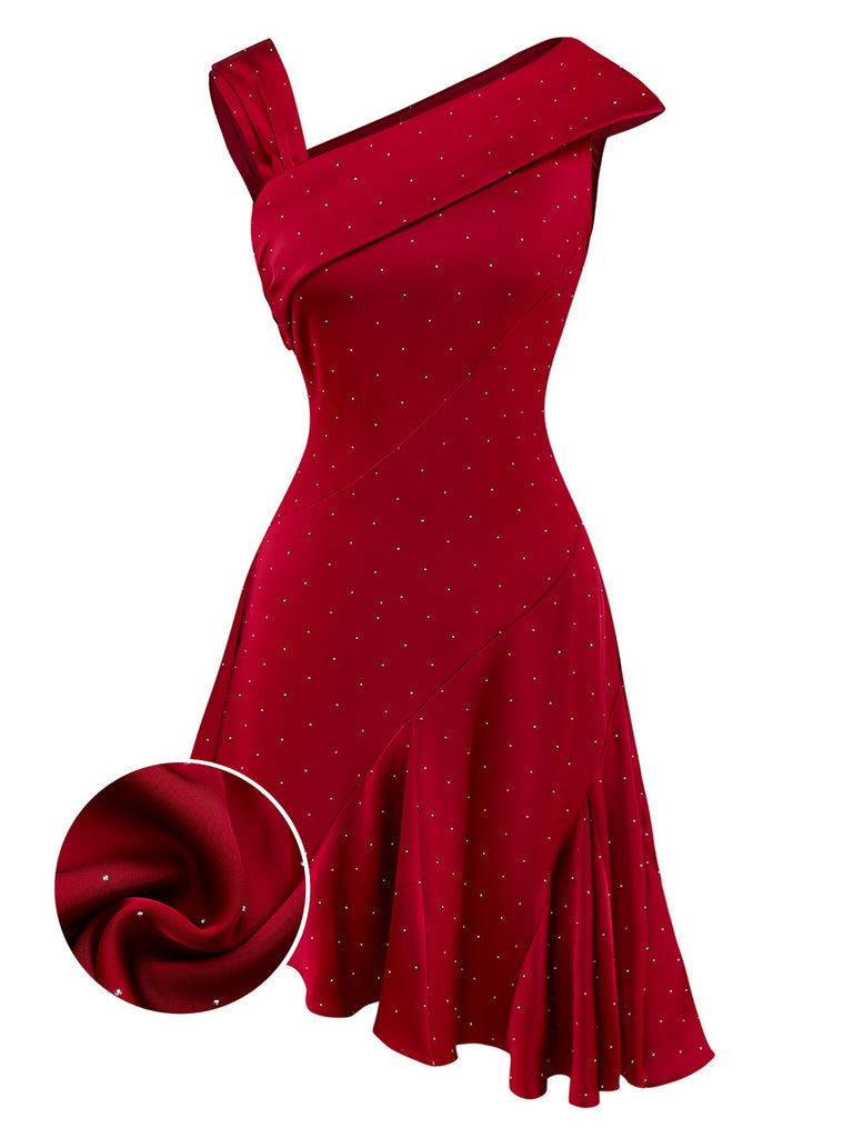 Wine Red 1960s Satin Rhinestone Off-Shoulder Dress - vintage dress, retro fashion, elegant red