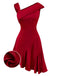 Wine Red 1960s Satin Rhinestone Off-Shoulder Dress - vintage dress, retro fashion, elegant red