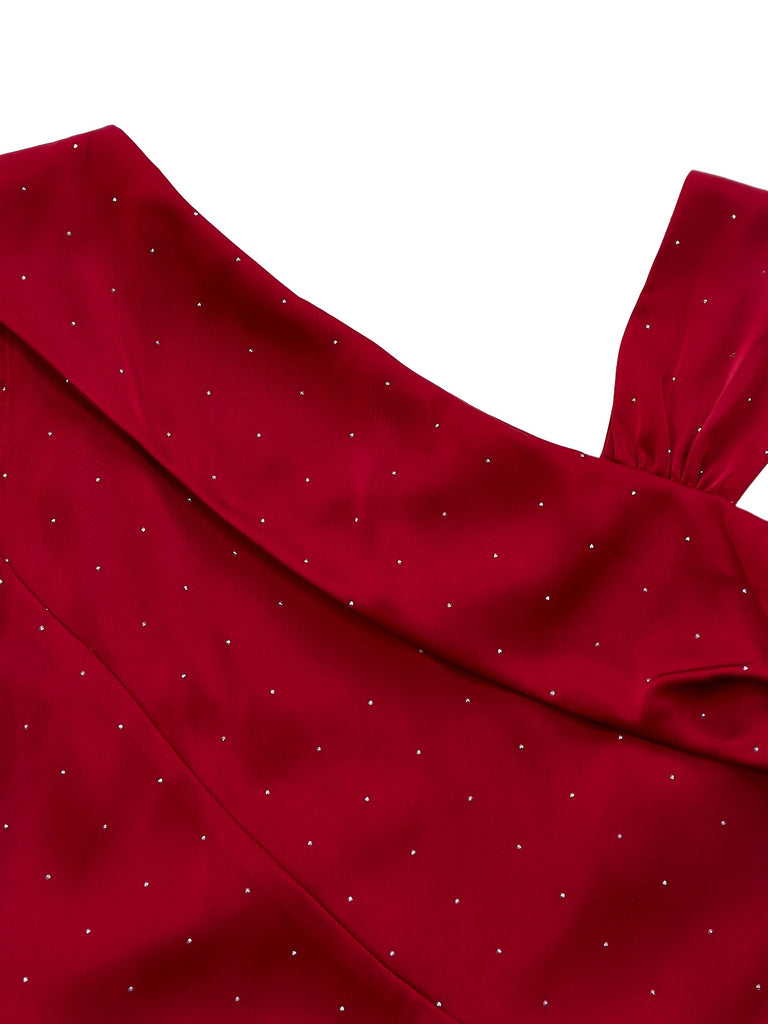 Wine Red 1960s Satin Rhinestone Off-Shoulder Dress - vintage dress, retro fashion, elegant red