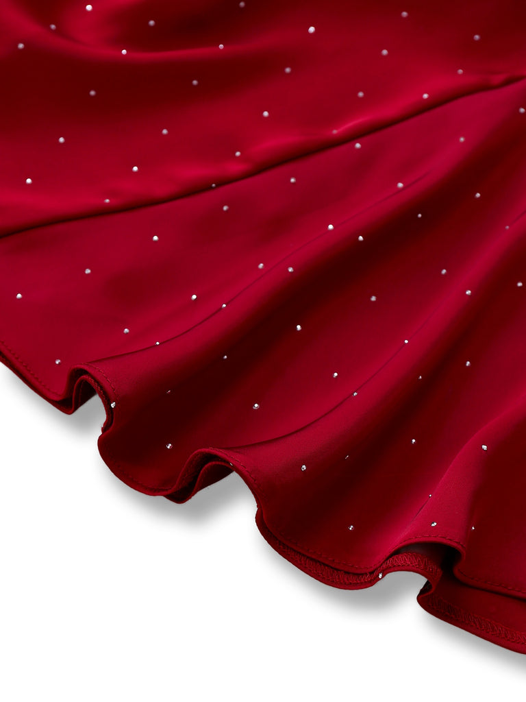 Wine Red 1960s Satin Rhinestone Off-Shoulder Dress - vintage dress, retro fashion, elegant red