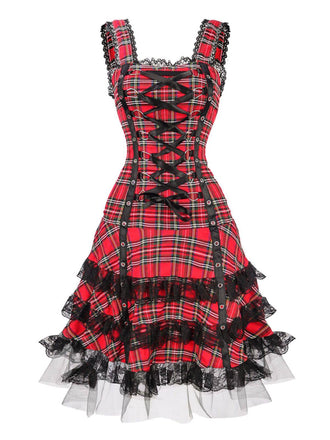 1960s Scottish Tartan Lace-Up Wide-Strap Dress - vintage dress, retro fashion