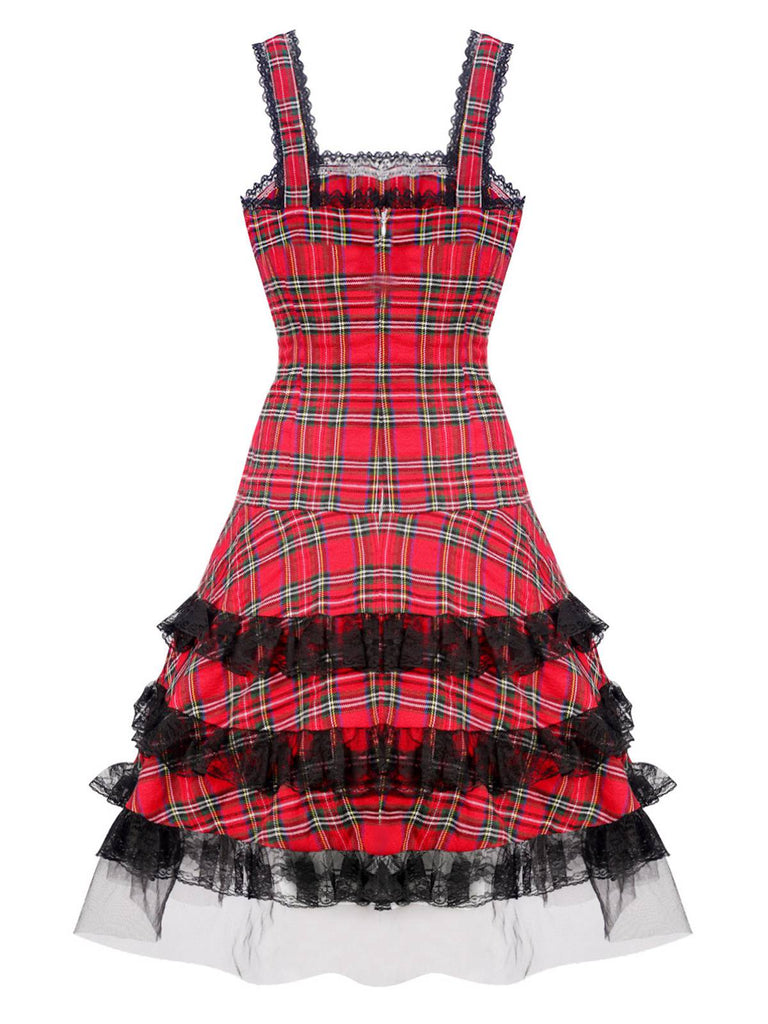 1960s Scottish Tartan Lace-Up Wide-Strap Dress - vintage dress, retro fashion