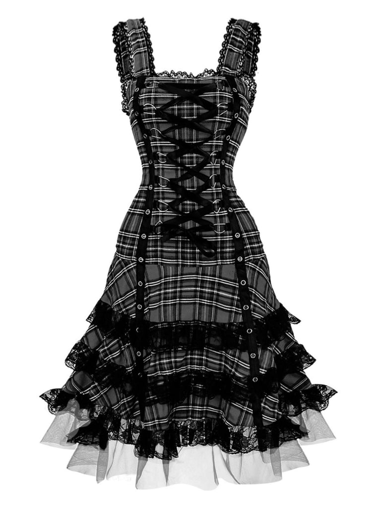 1960s Scottish Tartan Lace-Up Wide-Strap Dress - vintage dress, retro fashion