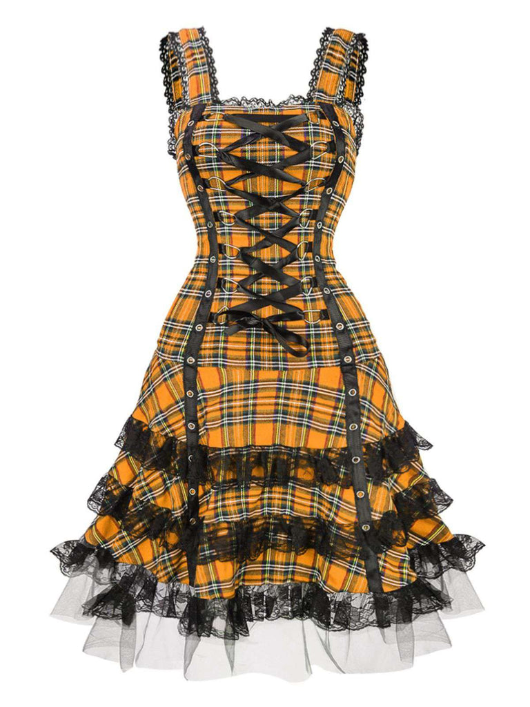 1960s Scottish Tartan Lace-Up Wide-Strap Dress - vintage dress, retro fashion