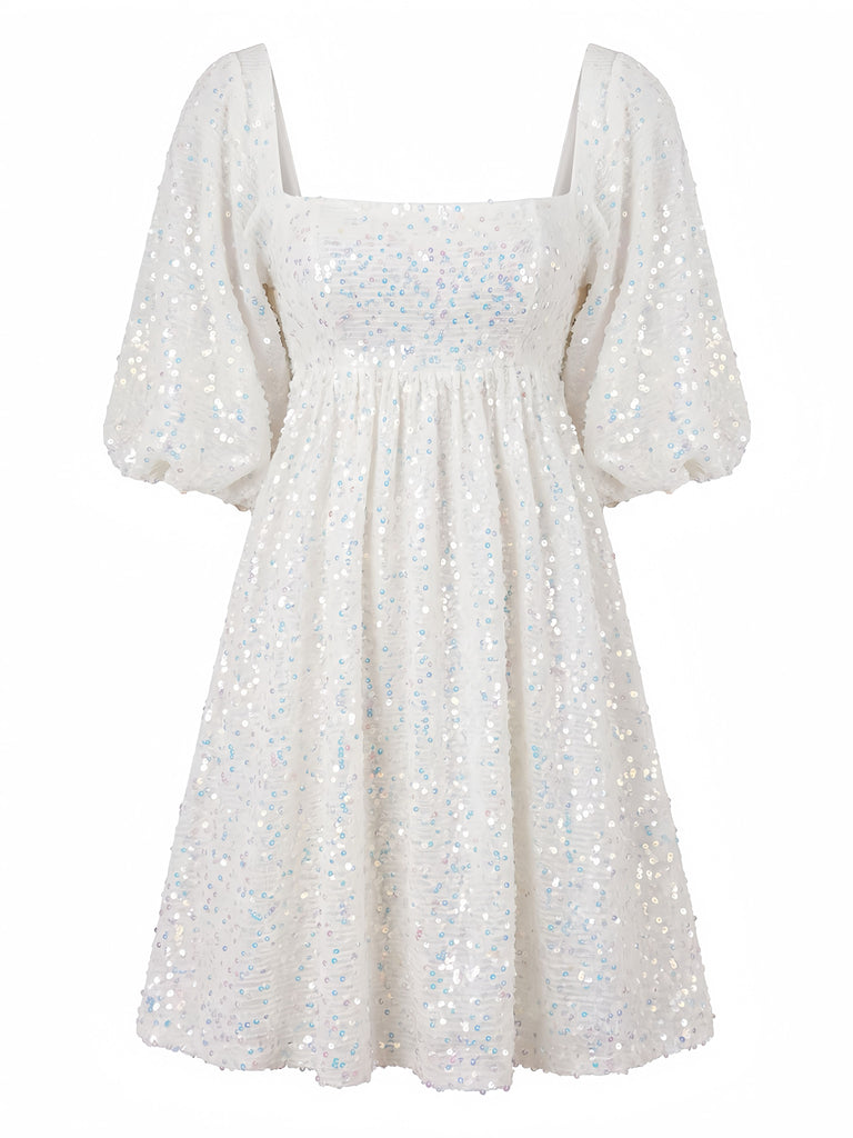 1960s Sequin Square Neck Puff Sleeve Tie Backless Dress, vintage dress, retro fashion - perfect for women who love vintage and retro fashion