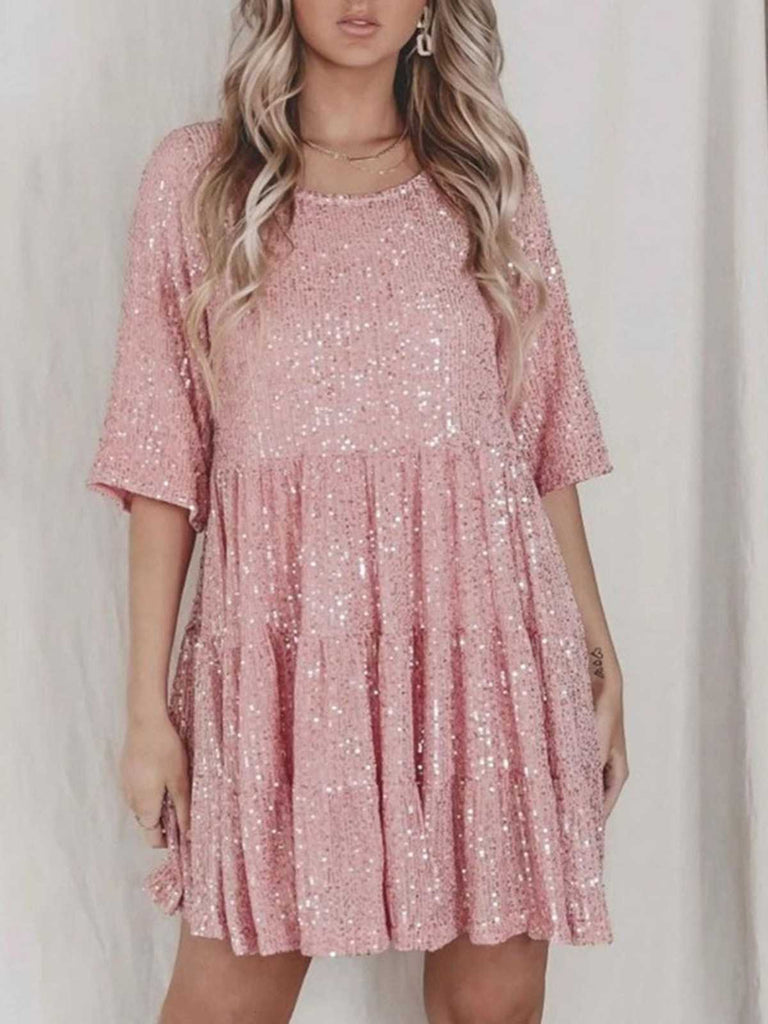 1960s Sequin Tiered Babydoll Dress - vintage dress, retro fashion, elegant red