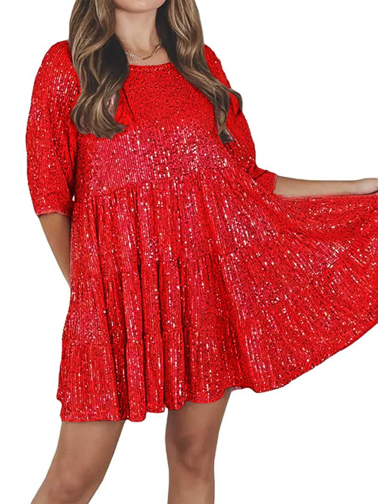 1960s Sequin Tiered Babydoll Dress - vintage dress, retro fashion, elegant red