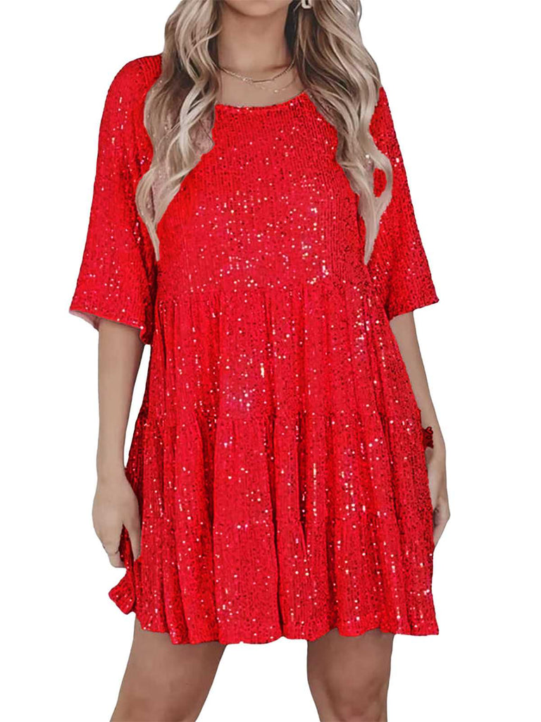 1960s Sequin Tiered Babydoll Dress - vintage dress, retro fashion, elegant red