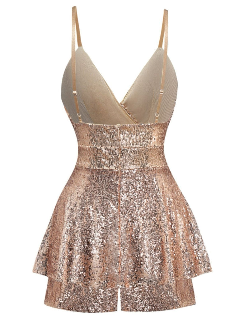 1960s Sequined Strappy V-Neck Culotte Romper - vintage jumpsuit, retro fashion