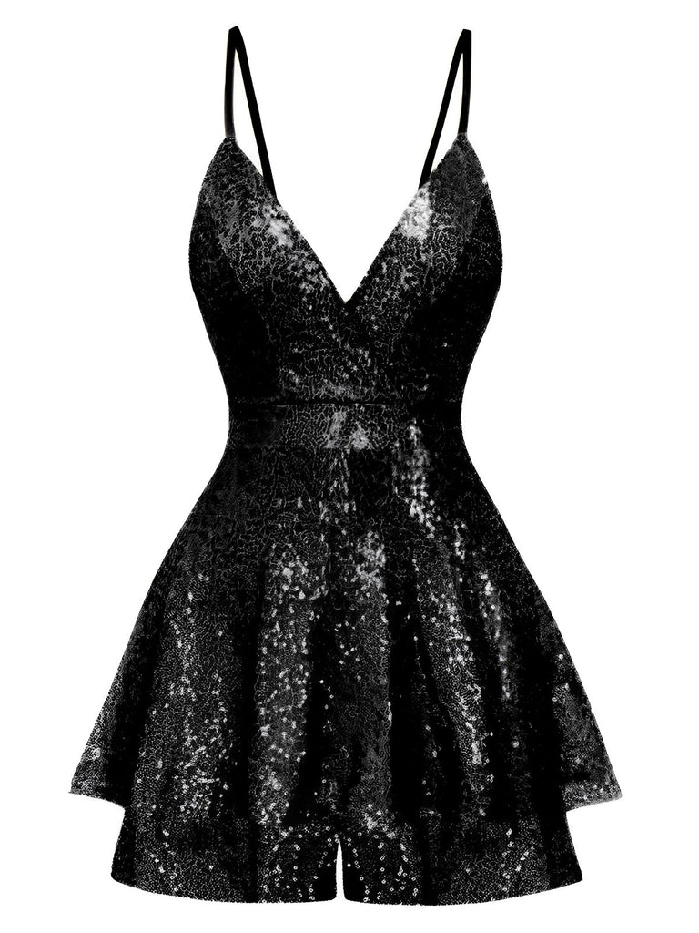 1960s Sequined Strappy V-Neck Culotte Romper - vintage jumpsuit, retro fashion