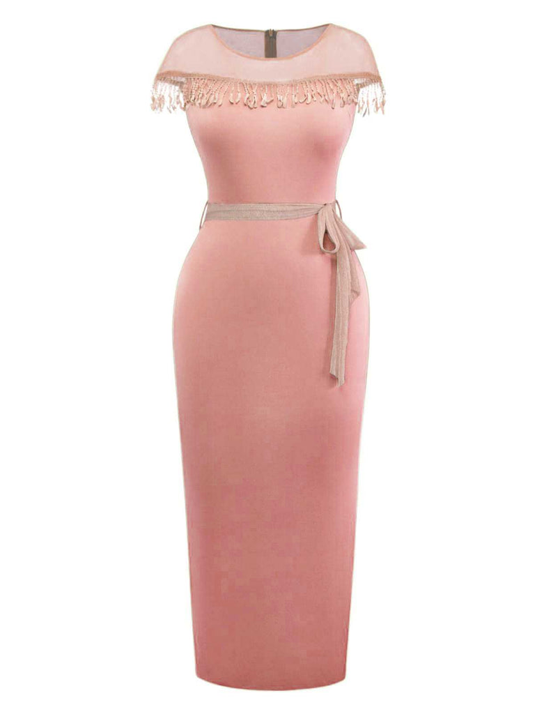 1960s Sheer Fringe Belted Bodycon Dress - vintage dress, retro fashion