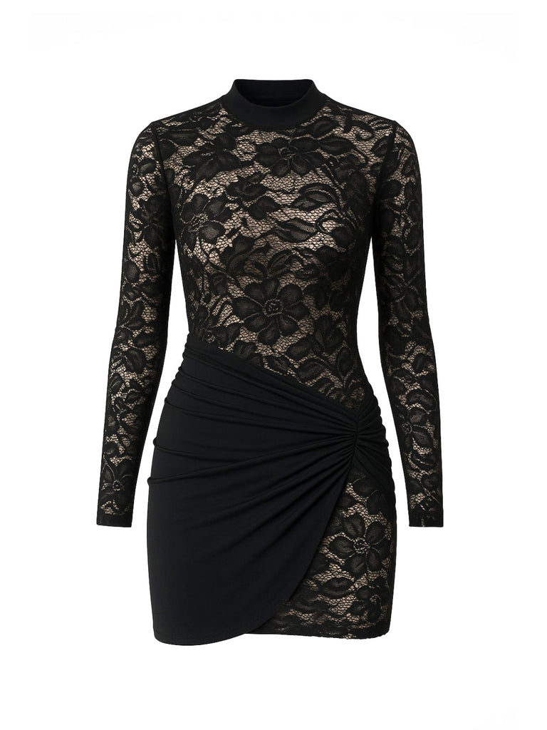 1960s Sheer Lace Bodycon Dress with Draped Skirt - vintage dress, retro fashion