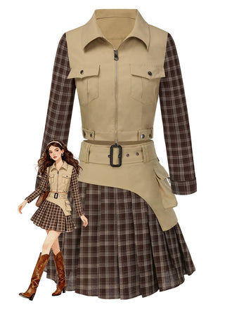 2PCS Khaki & Brown 1960s Plaid Patchwork Jacket & Pleated Skirt - vintage skirt, retro style