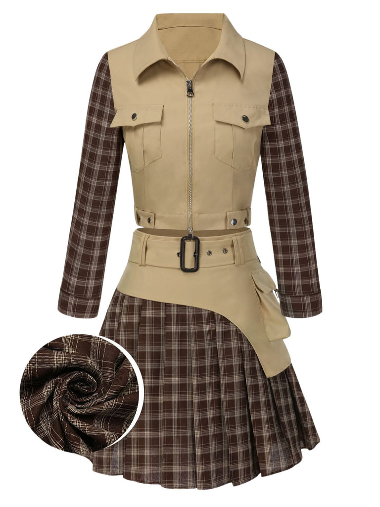 2PCS Khaki & Brown 1960s Plaid Patchwork Jacket & Pleated Skirt - vintage skirt, retro style