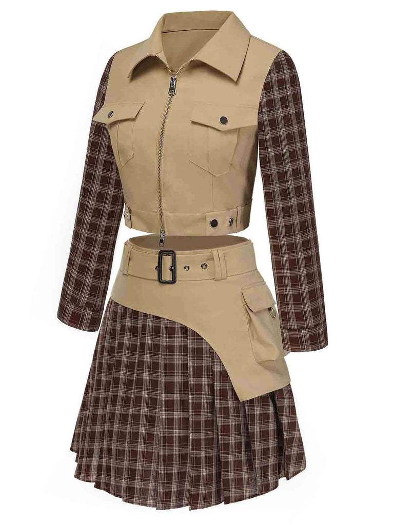 2PCS Khaki & Brown 1960s Plaid Patchwork Jacket & Pleated Skirt - vintage skirt, retro style