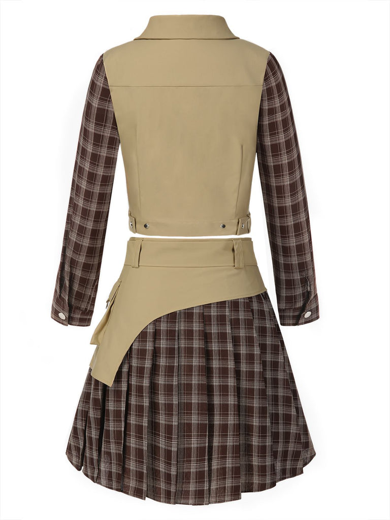 2PCS Khaki & Brown 1960s Plaid Patchwork Jacket & Pleated Skirt - vintage skirt, retro style