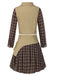 2PCS Khaki & Brown 1960s Plaid Patchwork Jacket & Pleated Skirt - vintage skirt, retro style
