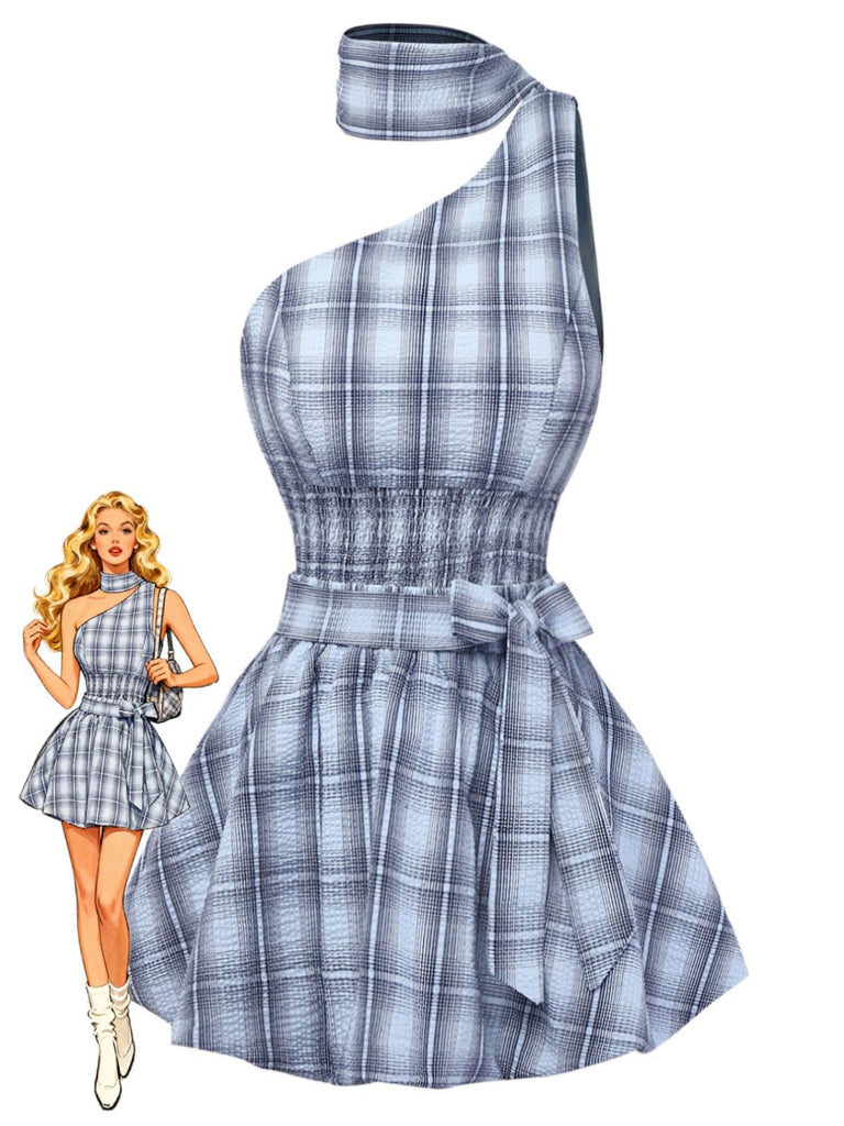 2pcs Blue 1960s One-Shoulder Plaid Top & Ruched Waist Skirt - vintage skirt, retro style