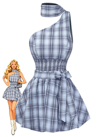 2pcs Blue 1960s One-Shoulder Plaid Top & Ruched Waist Skirt - vintage skirt, retro style