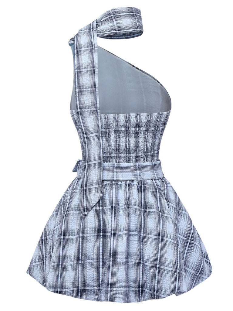 2pcs Blue 1960s One-Shoulder Plaid Top & Ruched Waist Skirt - vintage skirt, retro style