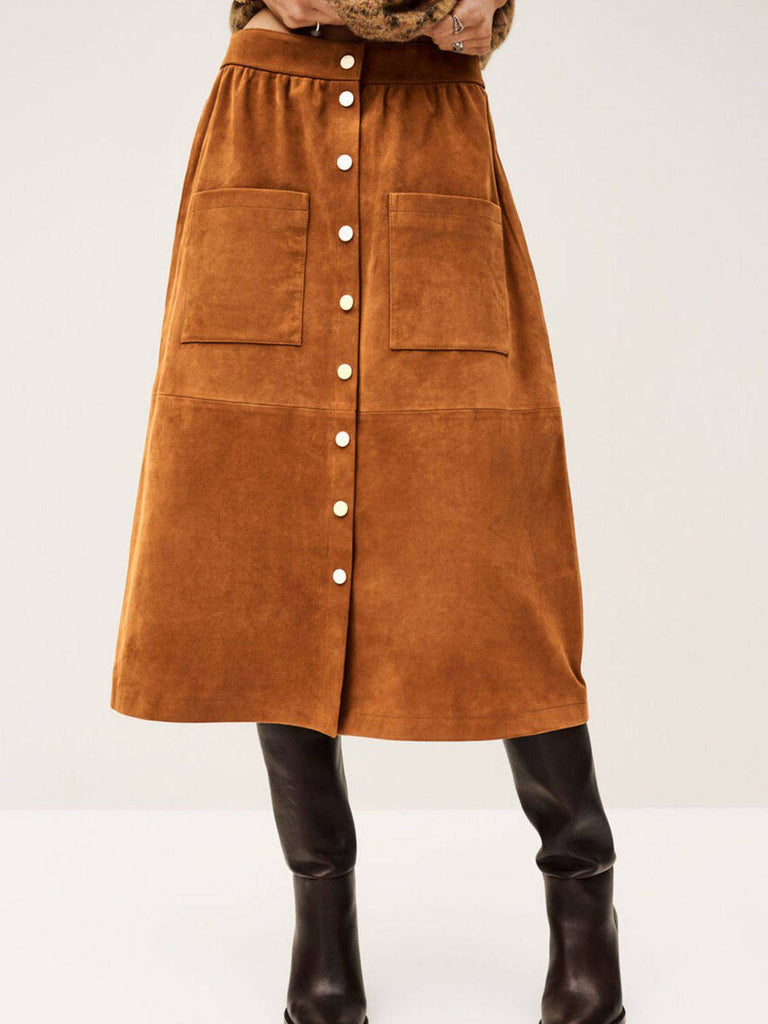 Brown 1960s Corduroy Button Front Pocket Midi Skirt - vintage skirt, retro style