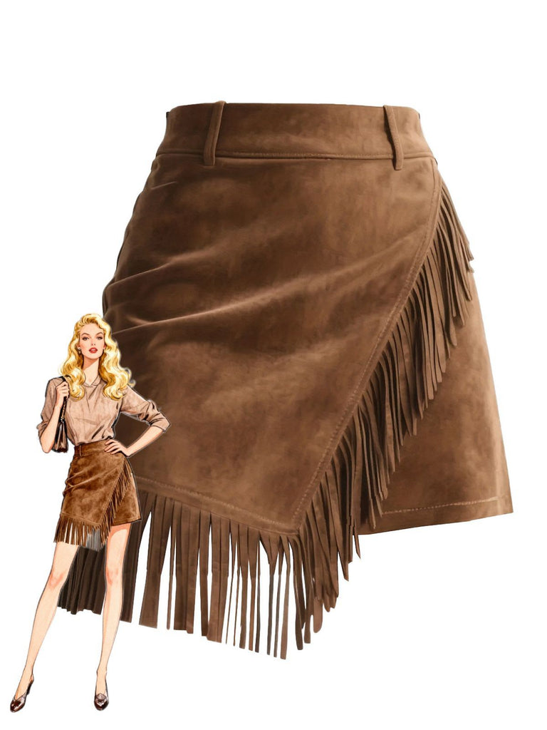 Brown 1960s Faux Suede Fringe Asymmetrical Hem Skirt - vintage skirt, retro style