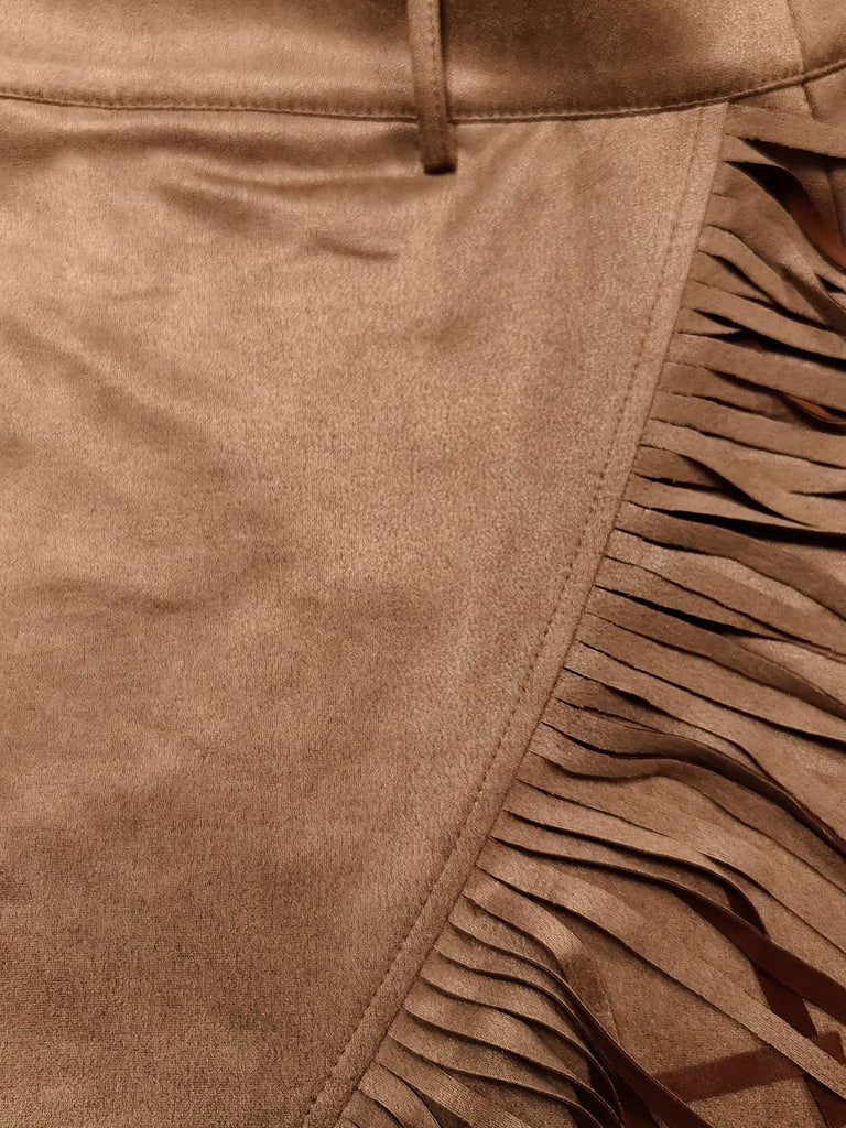 Brown 1960s Faux Suede Fringe Asymmetrical Hem Skirt - vintage skirt, retro style