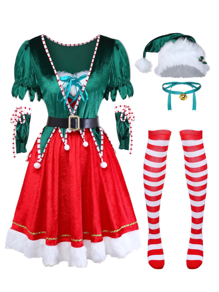 1960s Christmas Green V-Neck Top & Red Fur Trimmed Skirt - vintage skirt, retro style, elegant red