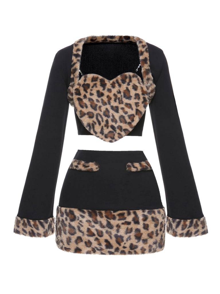 2PCS Black 1960s Plush Leopard Sweetheart Top & Skirt & Coat - vintage skirt, retro style, classic black