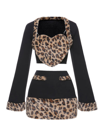 2PCS Black 1960s Plush Leopard Sweetheart Top & Skirt & Coat - vintage skirt, retro style, classic black