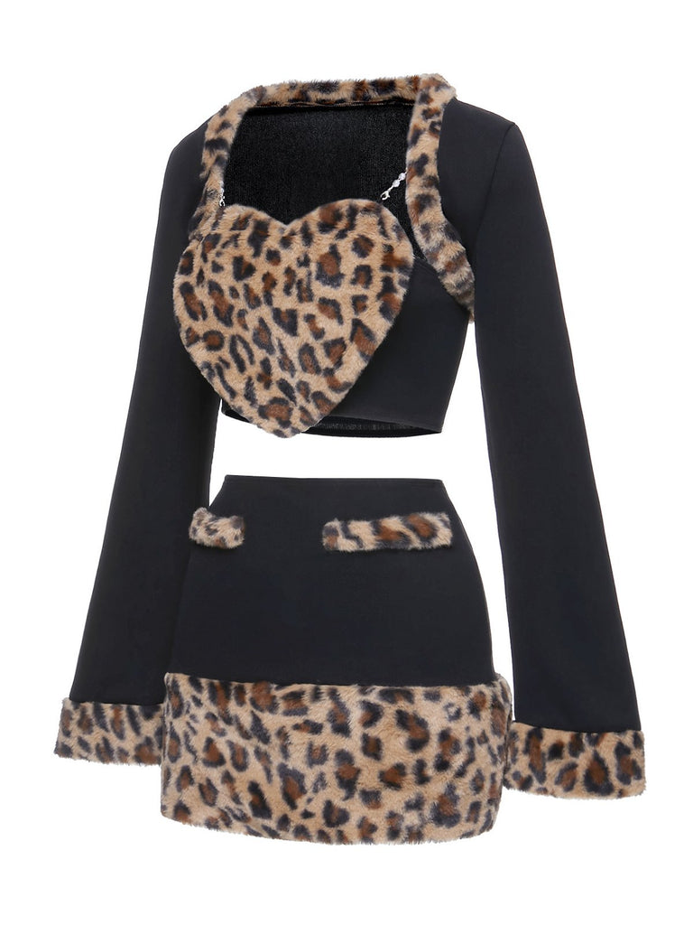 2PCS Black 1960s Plush Leopard Sweetheart Top & Skirt & Coat - vintage skirt, retro style, classic black
