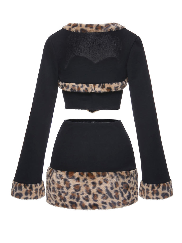 2PCS Black 1960s Plush Leopard Sweetheart Top & Skirt & Coat - vintage skirt, retro style, classic black