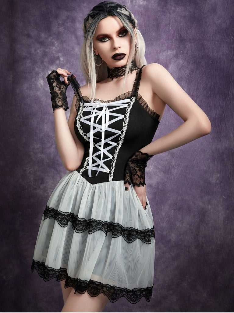 1960s Slip Gothic Lace-Up Ruffled Mesh Dress - vintage dress, retro fashion