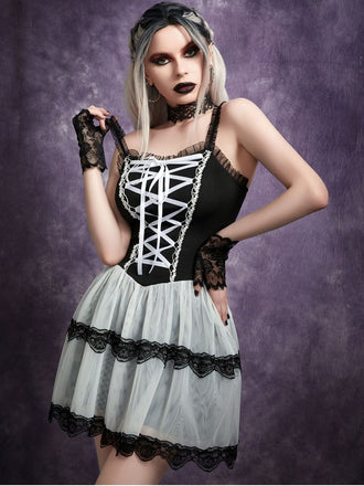 1960s Slip Gothic Lace-Up Ruffled Mesh Dress - vintage dress, retro fashion