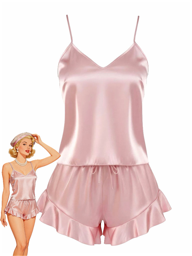 1960s Slip Ruffle Satin Pajama Set - vintage fashion, retro style