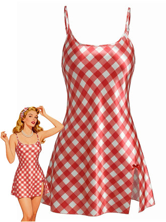 1960s Slip Satin Gingham Side Slit Nightgown - vintage fashion, retro style for vintage lovers