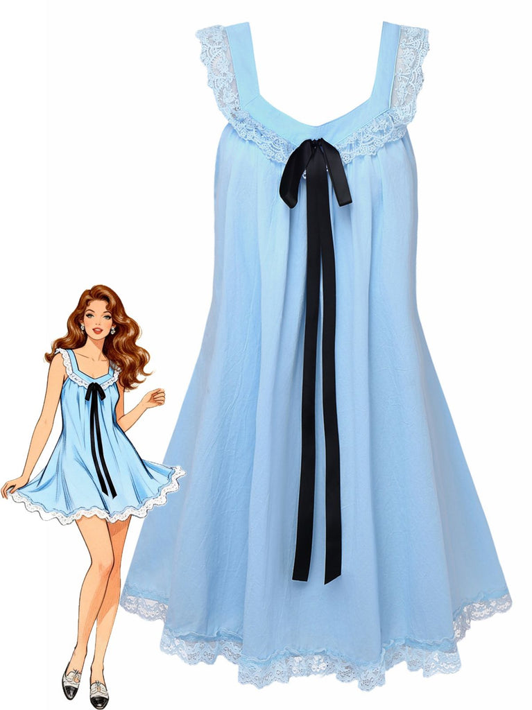 1960s Solid Bow Backless Lace Babydoll Dress - vintage dress, retro fashion