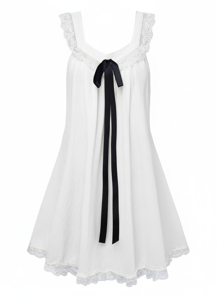 1960s Solid Bow Backless Lace Babydoll Dress - vintage dress, retro fashion